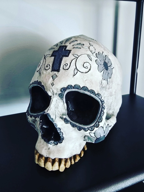 Jack of the Dust Other - Hand-Painted White Ceramic Skull Sculpture with Blue Accents